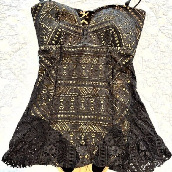 BECCA Other - Becca Designer Swimsuit Black & Gold Crochet Textured Stretch (Swim Dress)